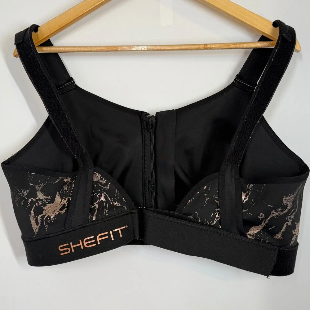 SHEFIT‎ Flex Black Sports Bra Front Zip High Impact Marble Rose Gold Sz 4Luxe